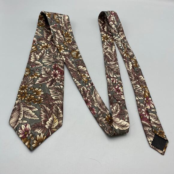 Oscar De La Renta Tie Muted Tropical Floral Pattern Necktie Grey Purple Jacquard - Picture 3 of 6